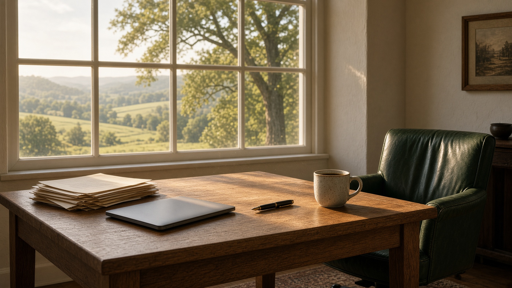 A sunlit home office looking out over Pennsylvania farmland, where returns are prepared remotely.