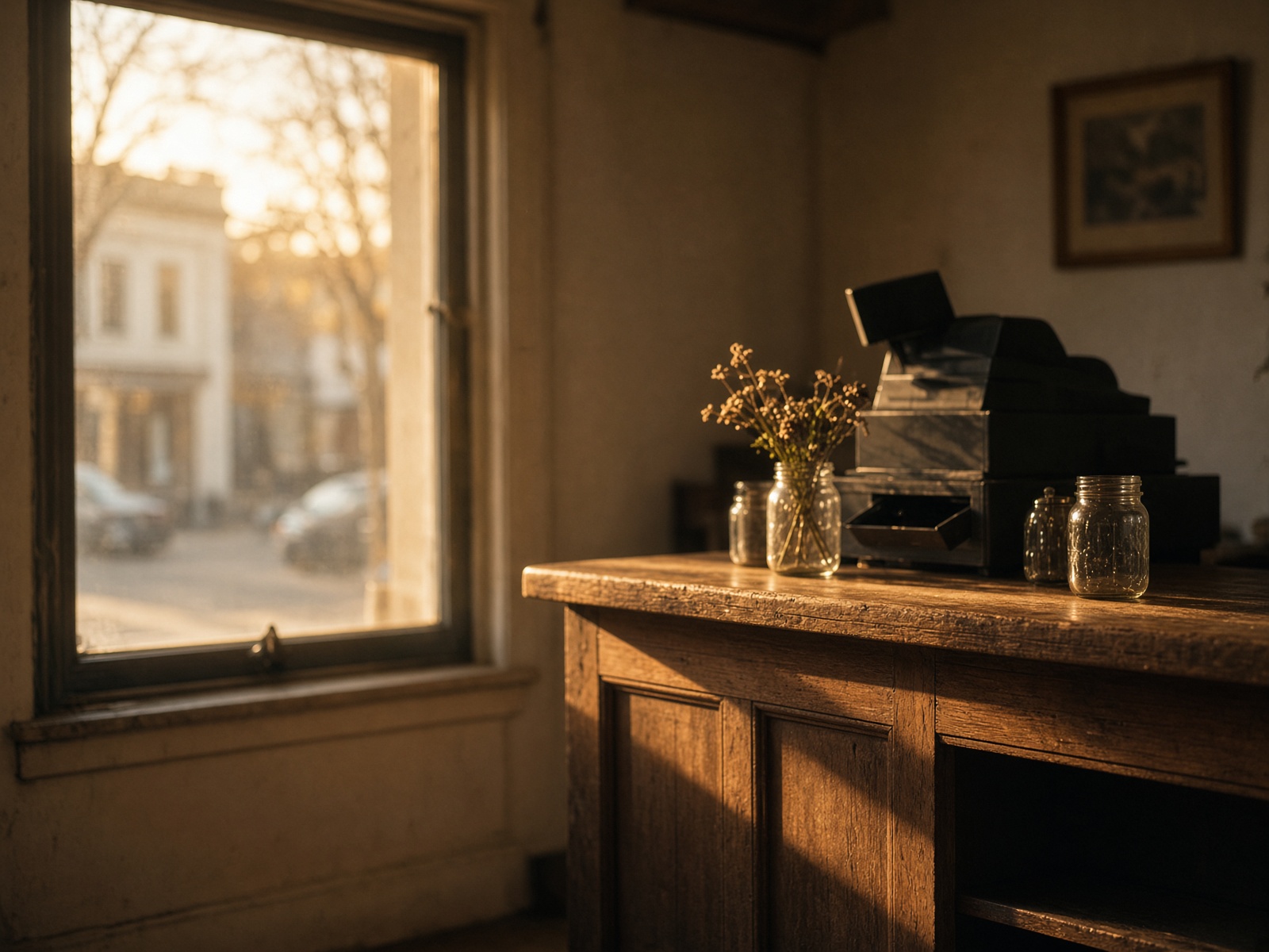 A modest local shop counter in afternoon light.