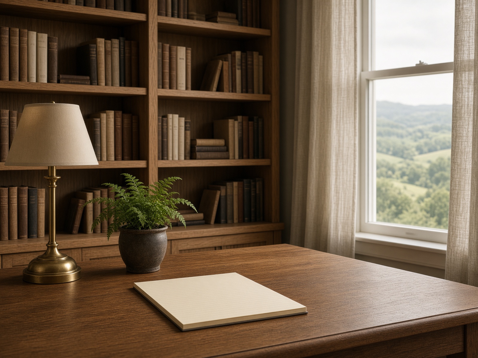 A quiet study with bookshelves and a brass lamp.