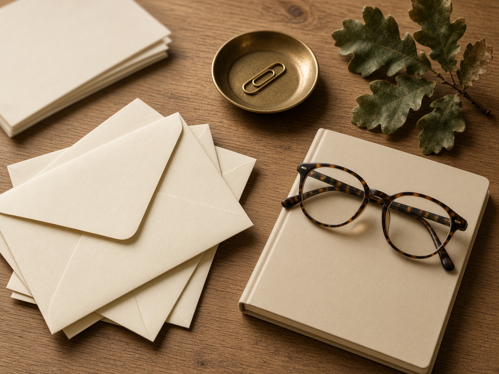 An organized tax-season desk with oak leaves and envelopes.